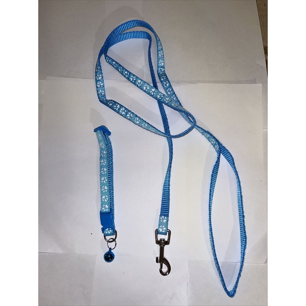 Dog Collar And Leash Set Small Dogs 48”Long Leash Aqua With paws And bell